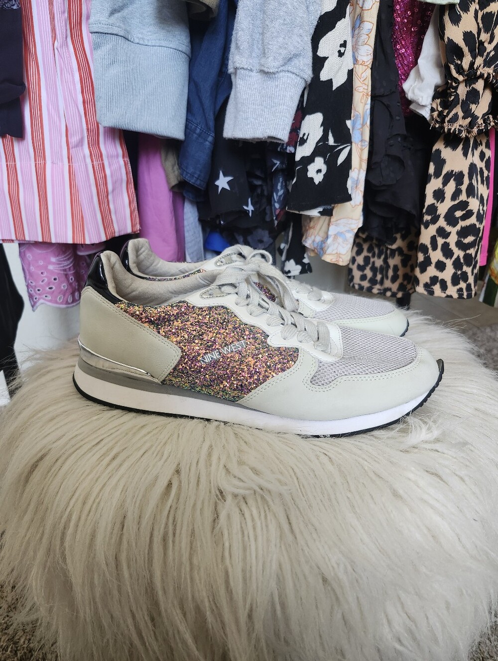 Nine West Cream Sneakers with Multicolor Glitter Panels